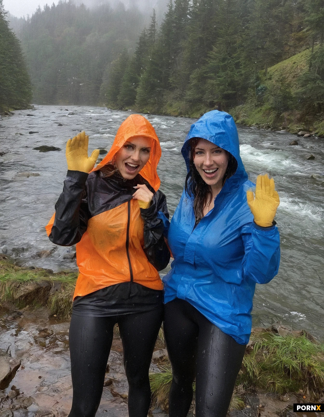 Two 20 years old women standing on a rock by the river.perfect Body. Wearing Leggings and a tight top. Rain Jacket half open. Heavy Rain fall.Detailed model faces. Both Standing Close to me with my White cock in hands. Handjobs POV. Wet rainy day. Wet hear. Both women have wet clothes and laughing at me.