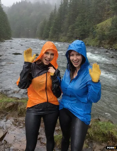Two 20 years old women standing on a rock by the river