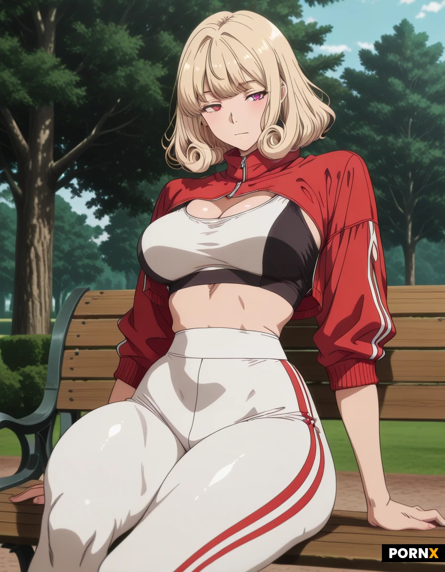 Beautiful woman, curly blonde hand, medium rounded breasts, thin waist, thick thighs, wearing a cropped jacket, sports bra, white leggings, sitting on a park bench, trees in background, ultra detailed, ultra high quality