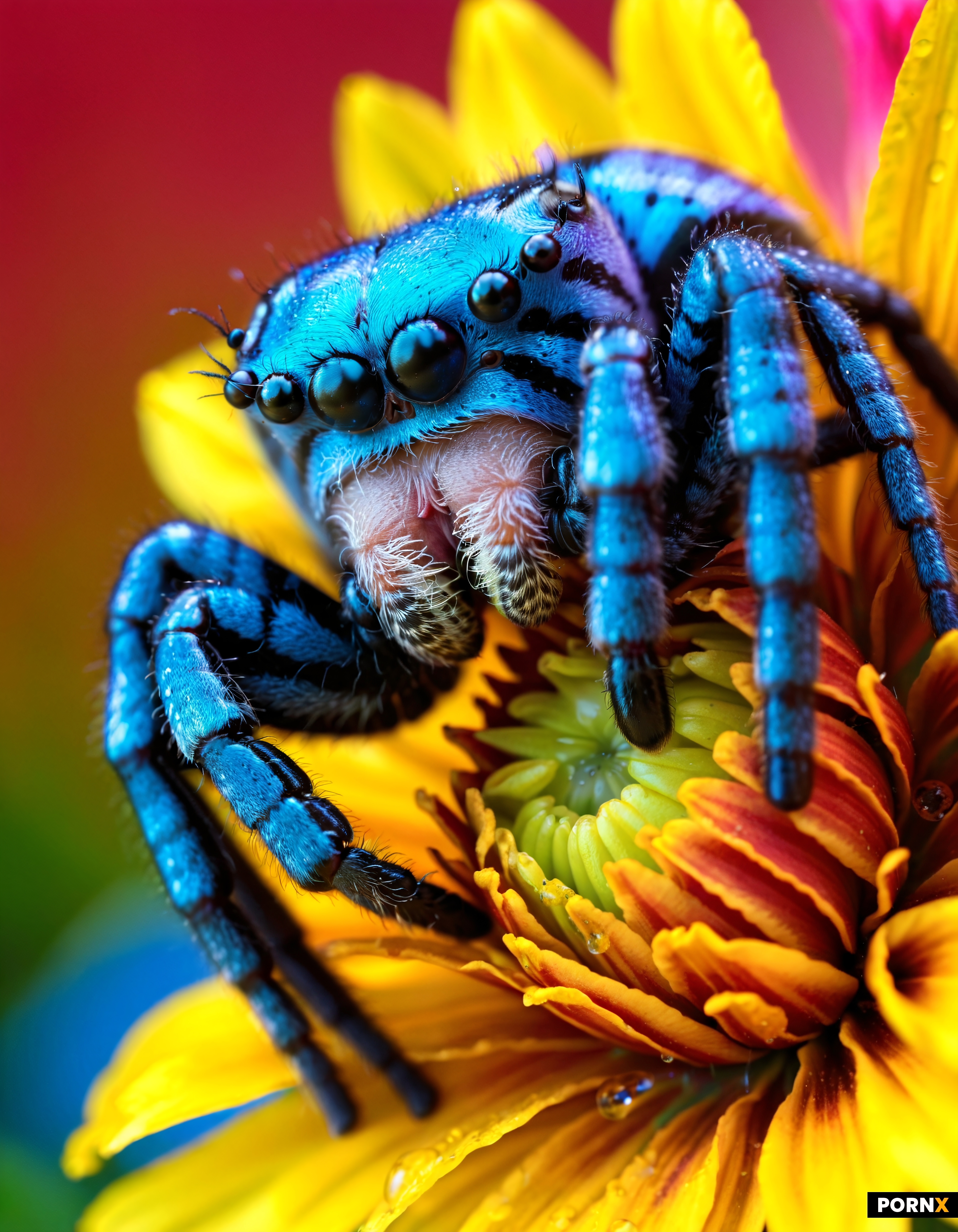 Close-up macro photography of a psychedelic jumping spider on a colorful flower