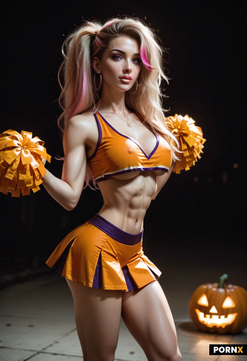 (a hot slutty bimbo cheerleader, (thin build:1.4), medium rounded breasts, cute face, (extremely thin waist:1.5), small rounded ass, pronounced thigh gap, (very long messy blond hair with pink highlights), pale skin, big purple eyes, pink lips, ear piercings, very seductive looks), Halloween themed sports hall, carved pumpkins, standing, black and orange Halloween themed uniform, exposed abs, facing viewer, pumpkin themed pompoms