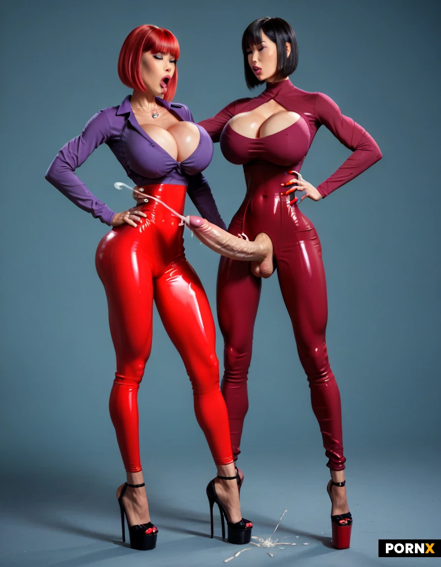beautiful slender asian woman, pink-red hair in a ponytail, slim delicate body, small breasts, cyberpunk outfit, neon accents, latex, tech wear, glowing details, sci-fi control room, glowing screens, consoles, blue lighting, Futanari,asian,(milf),(huge breasts:1.5),(cleavage),(dark purple shirt),(thin waist:1.3),(red pants),(black hair),(big cock),(long cock),high heels,tight long sleeve,(skin tight clothes),(cumming:1.5),(orgasm),(dominant stance),(domineering),feminine arms,(straight hair),(bob cut),(red bangs),(slim:1.5),(fit:1.5),(thin:1.3),(bimbo),(standing),(hands on waist),,2 people,intimate,close