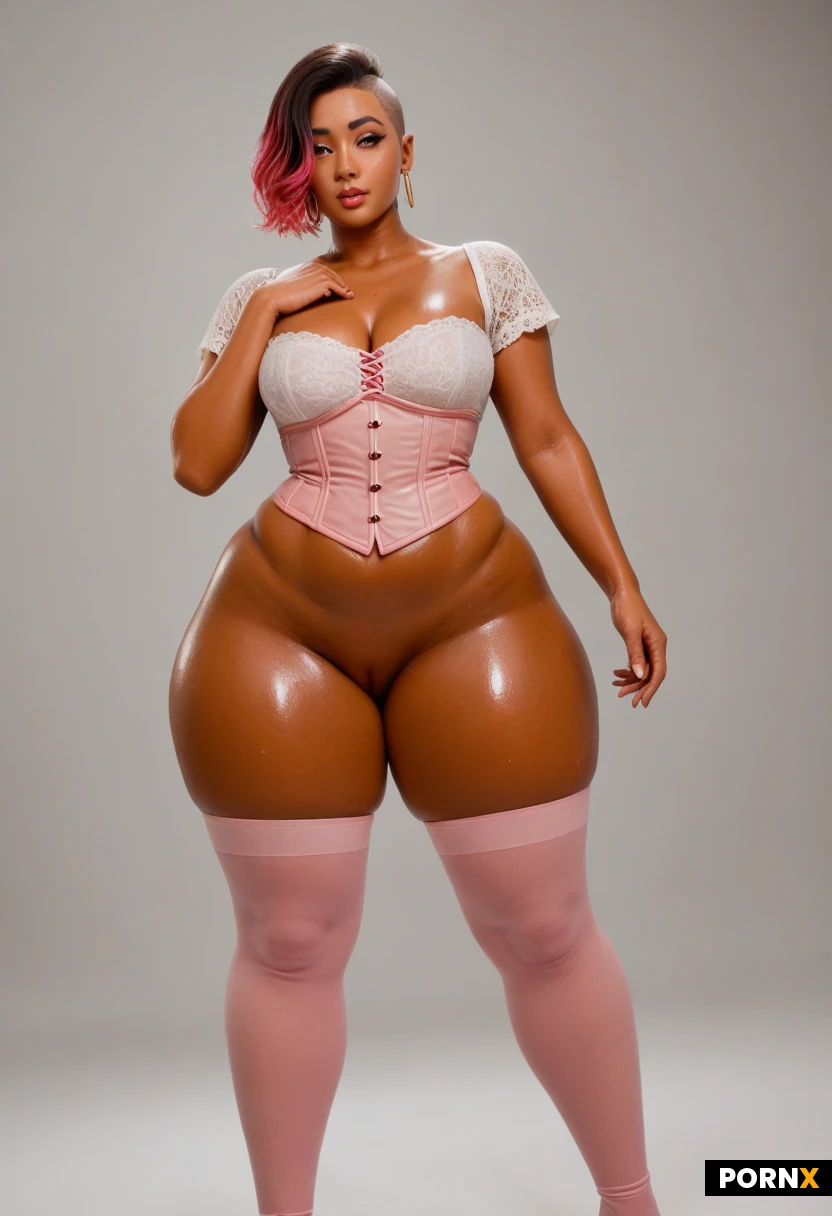 Korean, Dark skin, brown skin, cute face, glamorous make-up, freckles, small mouth, big loop earrings, huge earrings, big eyes, shaved sides, straight hair with highlights, hair covering 1 eye, dark skin
Voluptuous, curvy body, thick thighs, fat thighs, huge thighs, huge hips, big ass, athletic torso, small saggy breasts, cleavage, dynamic angle, oiled skin, dynamic angle, standing, seductive pose, teasing, dancing
Naked, lace corset shirt, pink stockings, lounge