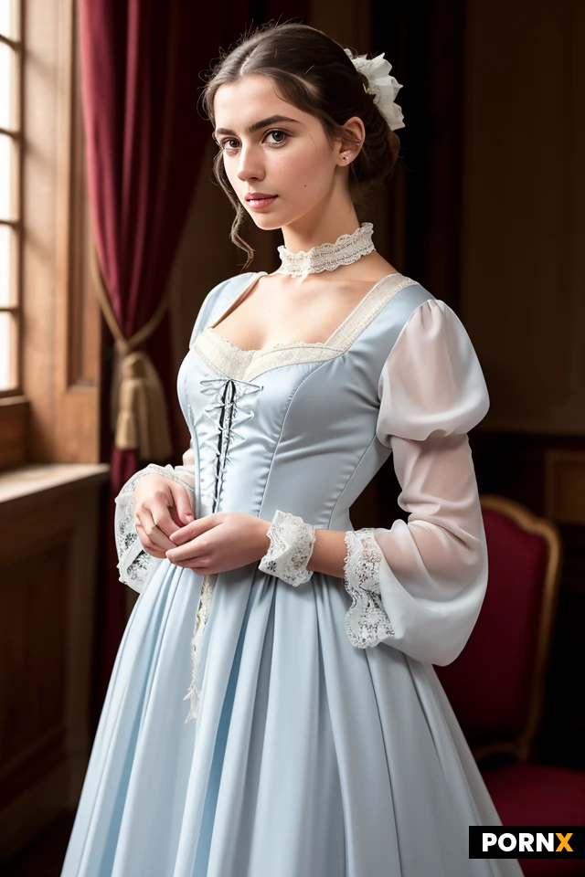 A beautiful 24-year-old French aristocratic woman from the late 18th century, standing in a slightly damaged elegant interior. She has a soft oval face with high cheekbones, full naturally pink lips, large expressive green-hazel eyes with long lashes, and long straight dark blonde hair reaching mid-back. Her beauty is refined yet sensual, with a calm but proud expression mixed with quiet tension. She is wearing an elegant late-18th-century French aristocratic gown in pale blue silk with delicate white lace trim on the bodice and sleeves. The dress has a fitted bodice that emphasizes her narrow waist and full bust, three-quarter sleeves with lace cuffs, and a full skirt. The gown looks slightly worn and disordered — a few tears in the fabric, dust on the hem, and the neckline slightly pulled — suggesting she has already been through hardship, but it still retains clear aristocratic elegance. Her posture is upright and graceful despite the circumstances. Soft natural daylight coming from the side, realistic historical details, highly detailed face and fabric, cinematic lighting, elegant and melancholic atmosphere.