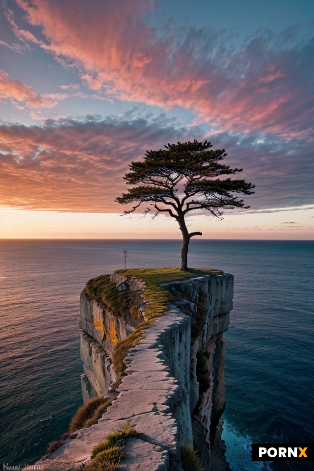 A solitary tree stands on a cliff edge
