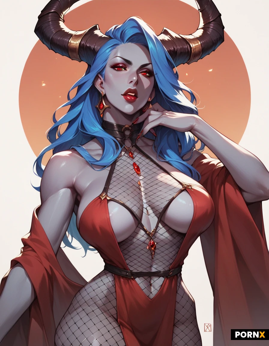 Strong,Woman,Front curving Horns, Grey Skin,Red Eyes,Long Light-Blue Hair,Revealing Witch robe,Fishnet Stocking,Lusty