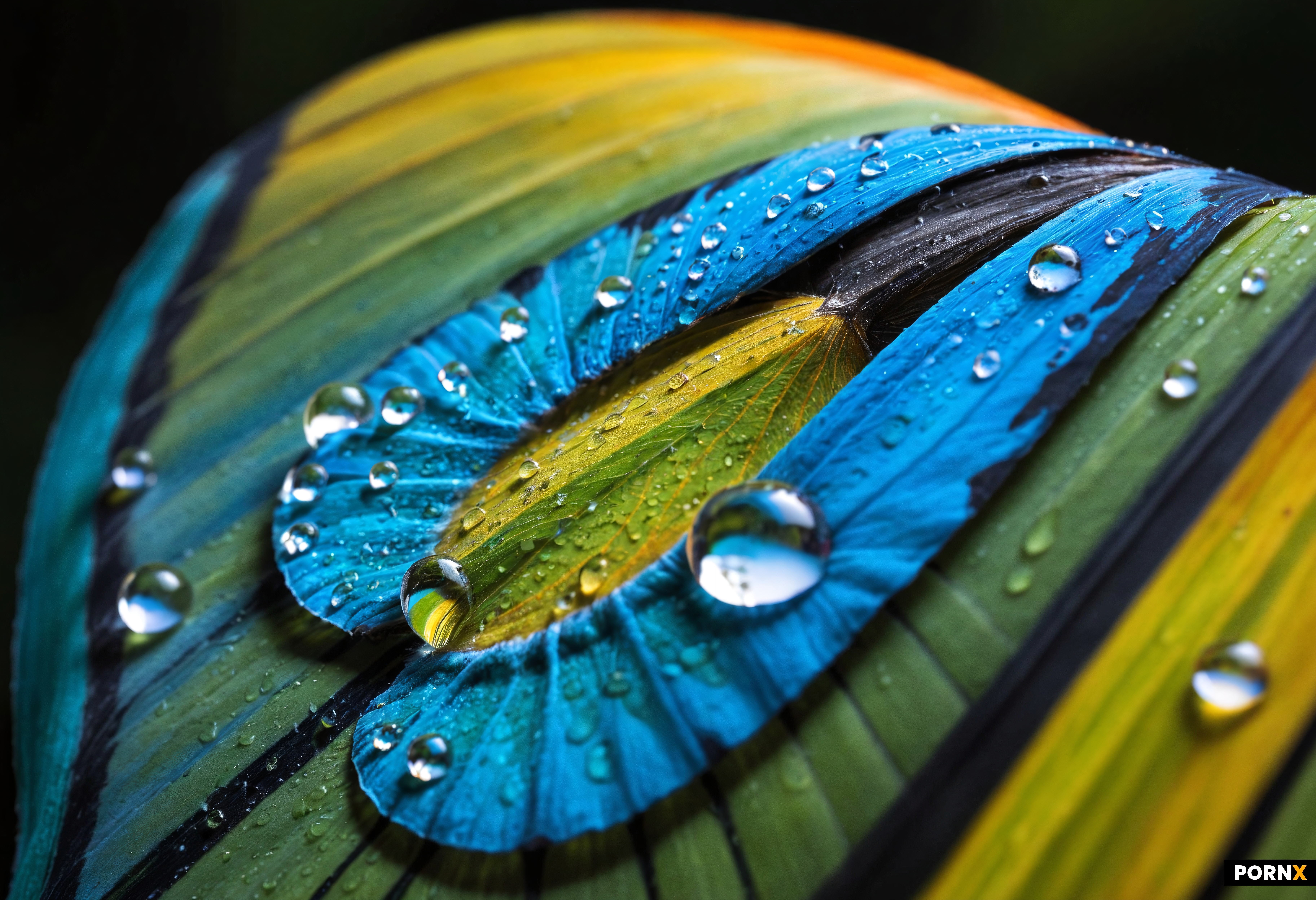 Close-up macro photography of a water droplet on a colorful and detailed butterfly wing