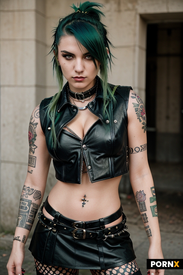 Green-haired 18-year-old punk with an undercut and small breasts shows her sweet