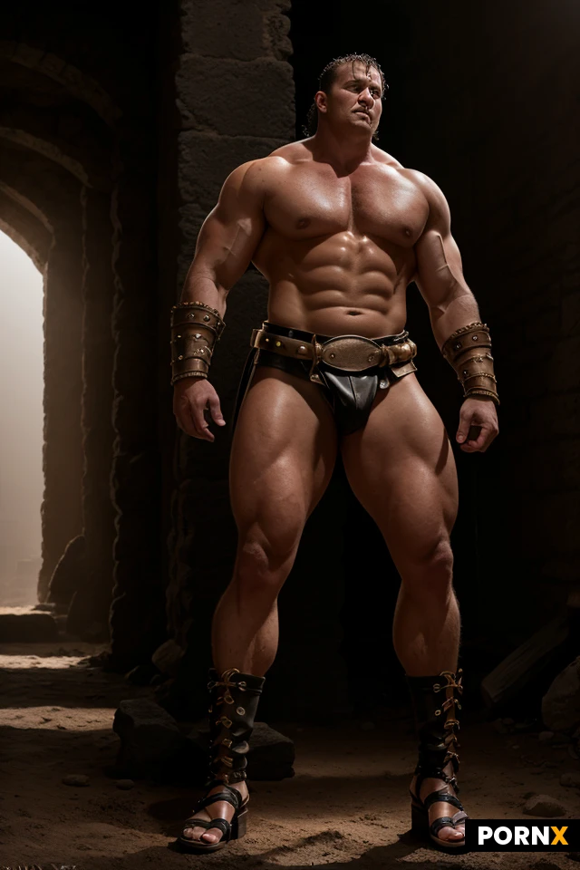 Prompt: A photorealistic full-body cinematic shot of a massive, 7-foot-4 gladiator ogre with rough green skin, heavy scars, and a towering, immensely muscular physique. He is wearing a rugged dark leather loincloth, thick-studded leather gauntlets on his forearms, and traditional gladiator sandals with heavy leather straps lacing up his massive calves. Standing in the center of a sunlit, dusty stone arena, looking menacing and powerful. Raw cinematic lighting, detailed skin texture, hyper-detailed, 8k resolution.