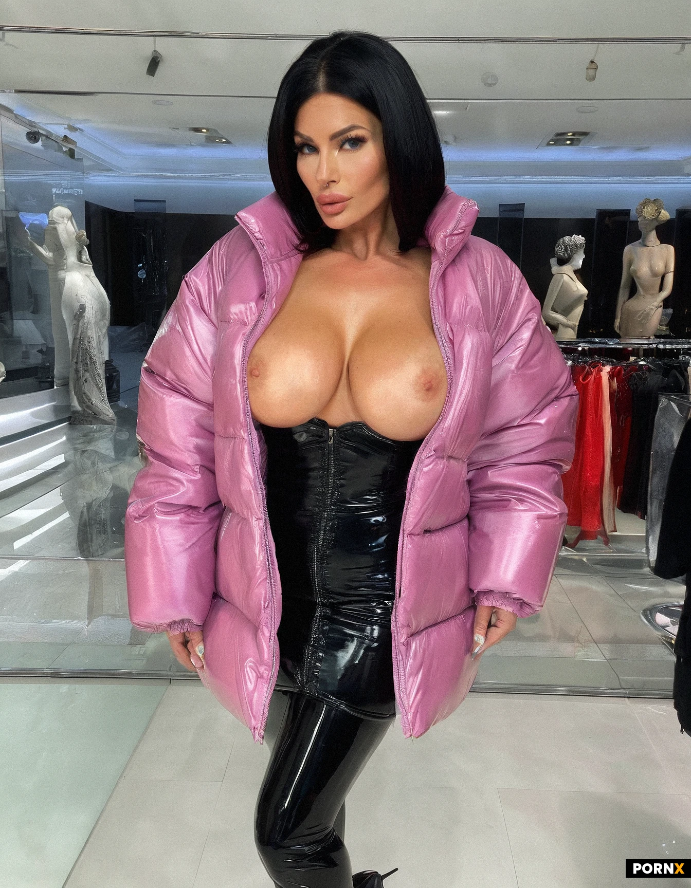 A super rich and luxurious black haired russian girl with white skin. She has an absolut perfect skinny body, perfect big boobs, perfect lips, and a perfect nose. You can tell that she had lots of plastic surgery. She looks like a Bimbo Barbie. She is shopping in a luxury boutique. The luxury boutique only sells glossy puffer coats. Glossy puffer jackets are visible in the background. She is wearing a super glossy pvc puffer jacket, a shiny black skirt and shiny luxurious boots. The shiny puffer jacket is so shiny It reflect light very strong. She looks like the most arrogant person in the world. Her shiny pvc puffer jacket is open so everyone can see her perfect naked body and her perfect tits