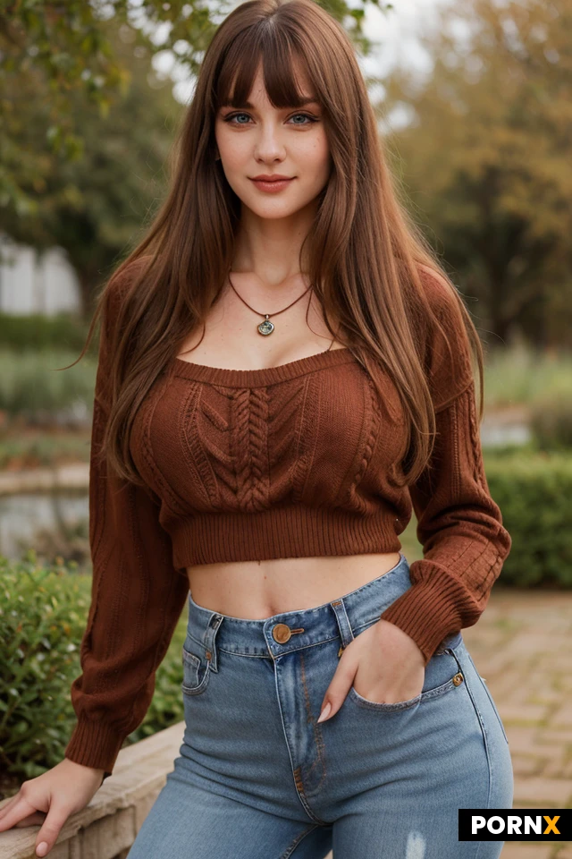 Woman, One, 18 Years, Irish, Fit, Skinny, Pale skin, Fit thighs, Small ass, Beauty face, Cute face, Big eyes, Bangs, Angel costume, Necklace, Dynamic angle, Model pose, Standing, Happy face, Brown eye color, Messy hair, Long hair, Masterpiece, Realism, Fantasy style, Long eyelashes, Ginger hair, Intricate clothes, sweater, 80s Photo, closeup portrait, Striptease, Portrait, red skin, large Rounded breasts, garden, jeans, tight casual blouse