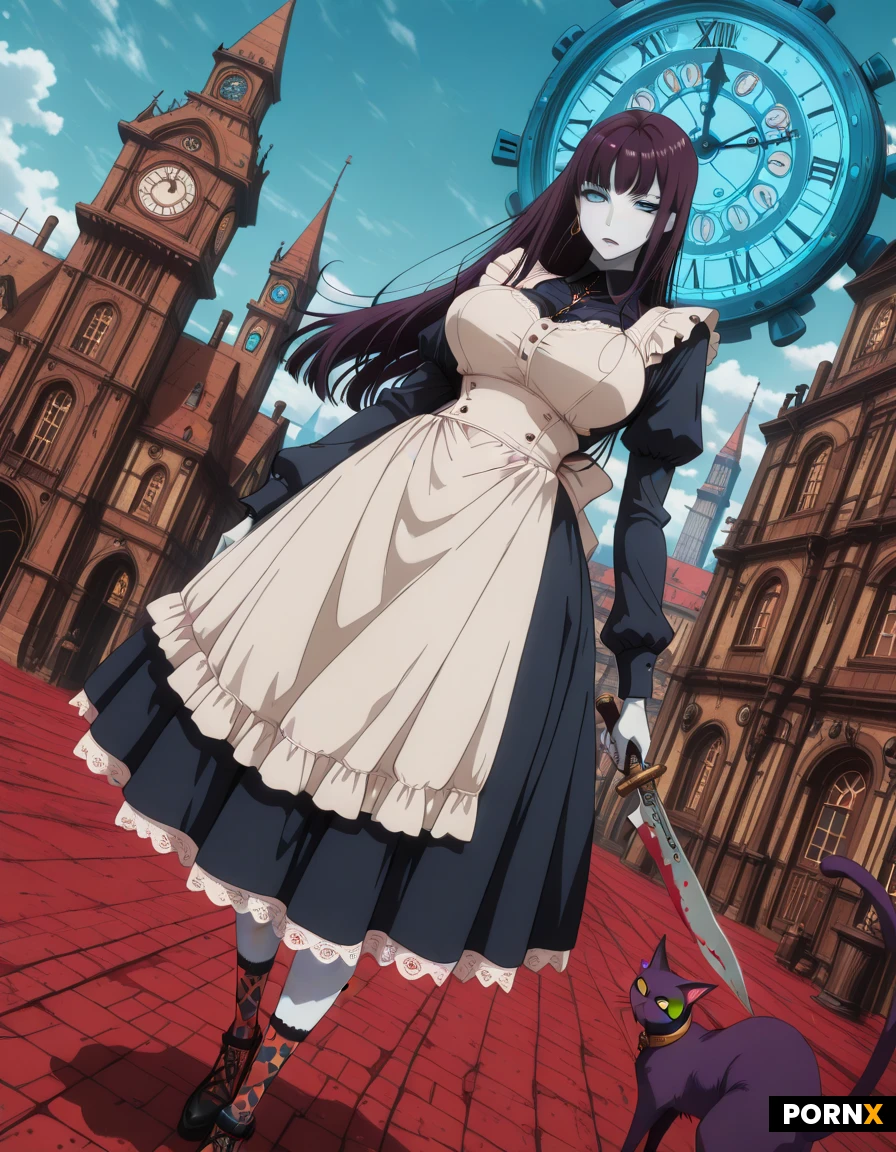 high definition, steampunk gothic style, woman 20s, pale white skin, blue eyeball, dark straight long hair, she wearing bright blue Victorian maid dress with white apron, and intricate lace, red ink stains on dress, She holds a sharp engraved knife. look at viewer, big breast, long necklace with key shape pendsnt, long color band socks, background, steampunk-industrial Wonderland landscape, giant mechanical cogs, floating landmasses, giant floating clock tower, giant teapot with legs, gaint teacups, a purple skinny cat, detailed face, detailed eye, dynamic angle