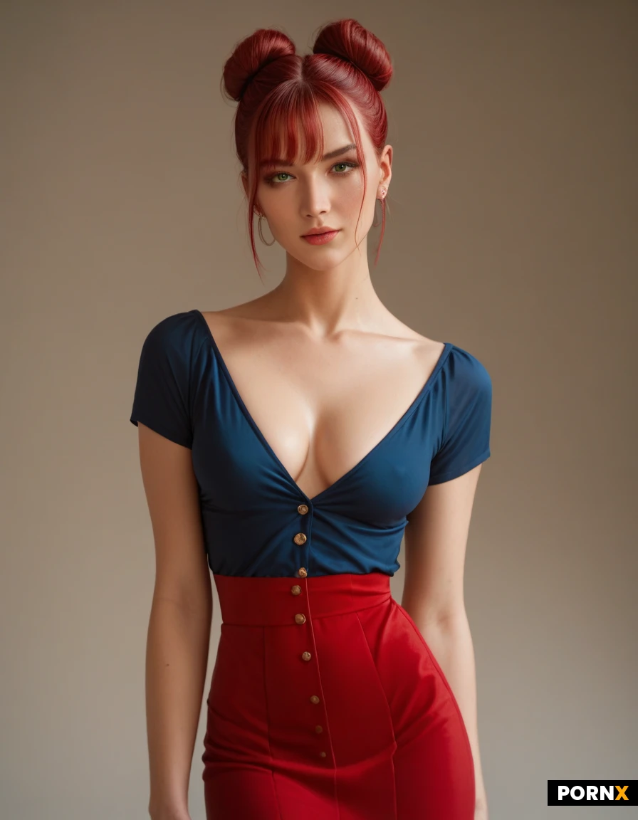 beautiful slim woman, straight red bob with bangs, fair skin, small breasts, Sexy red skirt and blue cleavage shirt. Soft, clean-cut youthful contours, high cheekbones, and bright, expressive green eyes. Silky red hair, tied in bun.