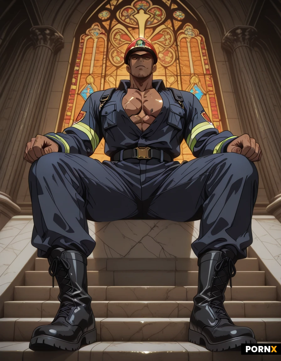 A youthful African man with deep ebony skin, a tight crop-cut hairstyle, and a slender, muscular physique lies on his back on the marble steps of St. Patrick's Cathedral, his FDNY firefighter helmet resting beside him. He is clad in a pristine FDNY uniform: dark navy turnout gear, reflective stripes, black leather boots, and a snug jacket that accentuates his sculpted chest and defined abdominal muscles, with his shirt unbuttoned to reveal a hint of chest. Soft rim lighting from the cathedral's stained-glass windows creates a warm amber halo, casting gentle shadows across his back and highlighting the texture of his skin. The camera is positioned at a low angle, framing him full-body in a straight-on perspective that emphasizes the contrast between the sacred stone steps and the gritty firefighter attire. Shot in ultra-high-resolution cinematic photography style with shallow depth of field, capturing intricate details from the fabric weave to each droplet of sweat on his skin.