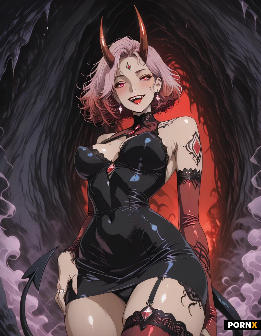 A voluptuous adult demon with flawless crimson skin and a perfect heart-shaped face gazes directly at the viewer, her cat-like eyes glowing pink while a messy cascade of long, vivid magenta hair frames a mischievous open-mouthed smile revealing razor-sharp demon teeth and a glint of a ruby-red tongue. She leans seductively with one hand on her hip, a sleek black mini-skirt hugging her narrow waist, a hint of her toned belly exposed, while her ample, perky breasts are accentuated by a lace-trimmed, form-fitting demon dress, each shoulder adorned with sparkling diamond rings and dangling earrings that catch the flickering torchlight. Her left arm is a canvas of intricate full-sleeve tattoos swirling with infernal sigils, topped by a curved, obsidian demon horn and a sleek, sinuous devil's tail that curls around her thigh, all illuminated by soft, warm rim lighting that creates subtle shadows in the cavernous, smoke-filled demon cave. Captured in a close-up, shallow-depth-of-field shot from a slightly low angle, the image is rendered in hyper-realistic, cinematic quality with absurdly high resolution, emphasizing every glossy detail of her skin, jewelry, and the sultry atmosphere.