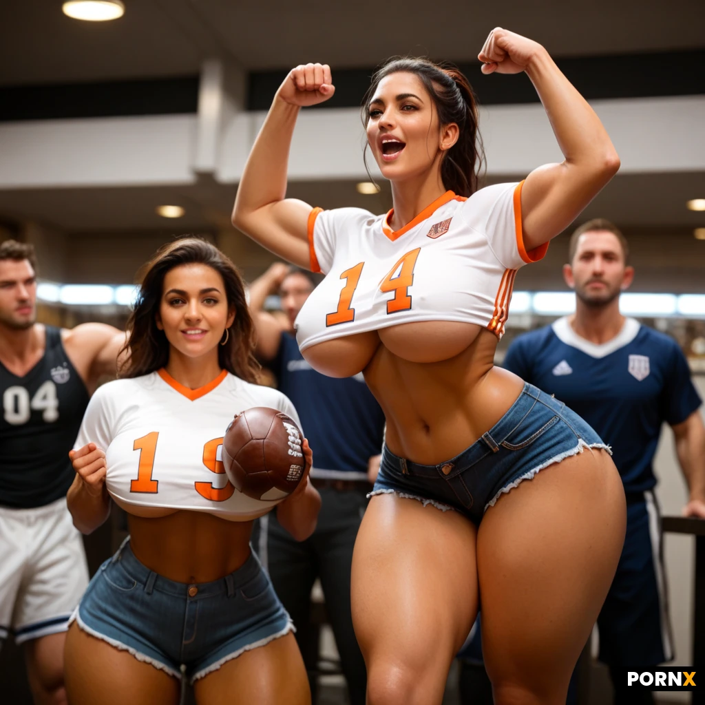 woman, latina, brown eyes, busty, big tits, thick thighs, (ORANGE football jersey), American football, jean shorts, (sports bar), large breasts, hands up, many people cheering, lifting shirt up, tits out