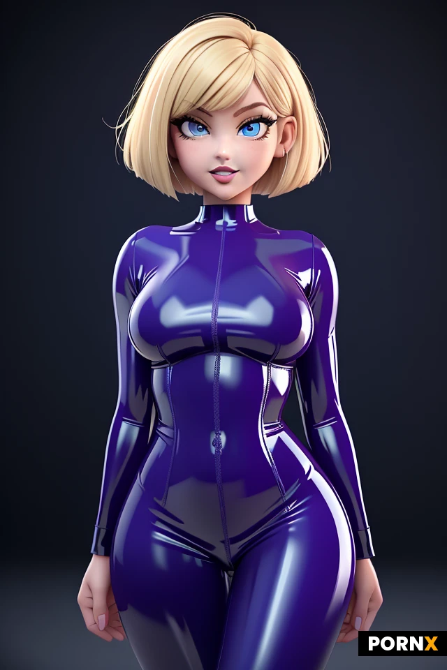 Photorealism. Cinematic lighting. Dynamic closeup portrait POV. Dark night. Gothic mansion. Pretty Blonde American Woman. Short blonde hair. Bobcut bangs. Pretty cute highly detailed horny face. Big blue eyes. Sharp nose. Narrow jaw. Seductive smirk. Skinny athletic fit. Toned abs. Medium perky breasts. Purple (latex:1.5) jumpsuit.