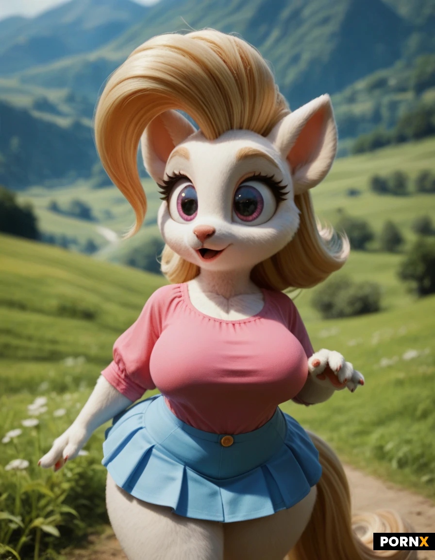 Blonde Pony tail, furry, big eyes, animated, vuloptuous, mini skirt, bobblehead, big head, pink shirt, white fur, vibrant colours, fantasy landscape, summer,