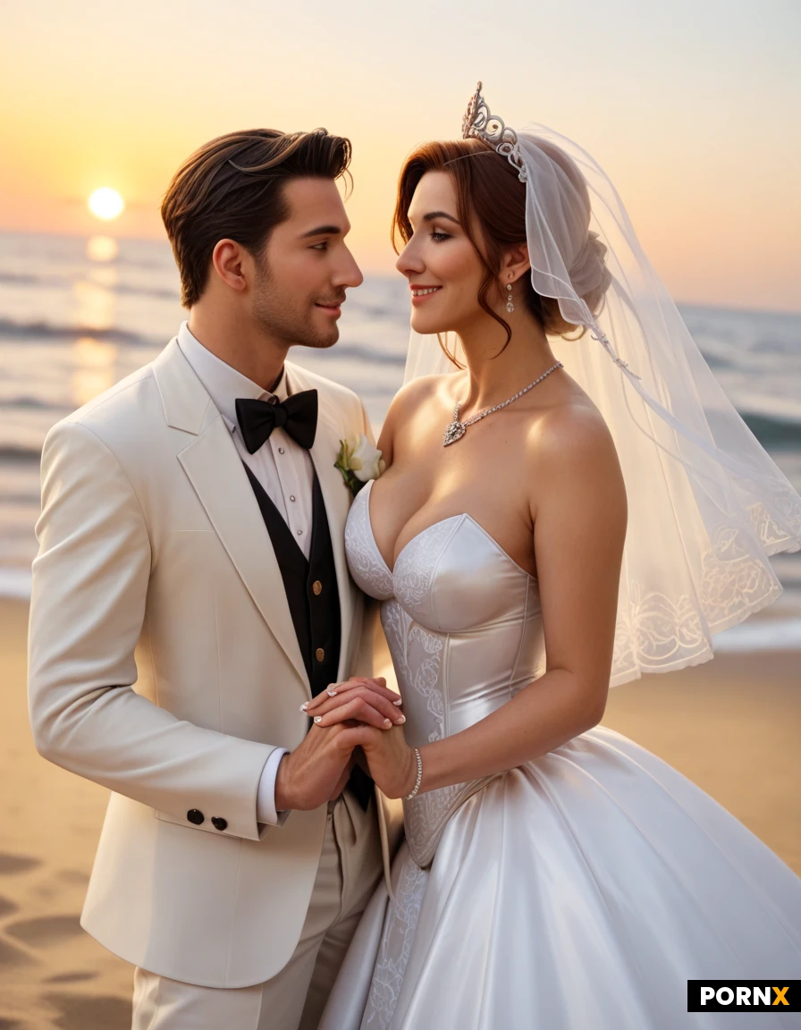 masterpiece, best quality, highres, absurdres, 1girl, 1boy, bride, groom, wedding_dress, wedding latex dress, wet suit, tuxedo, beach, ocean, sunset, holding_hands, looking_at_viewer, smiling, wedding_ring, flower_crown, gentle_wind, romantic, soft_light, cinematic_angle