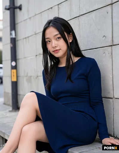 keep everything the same but put her in a navy blue dress instead