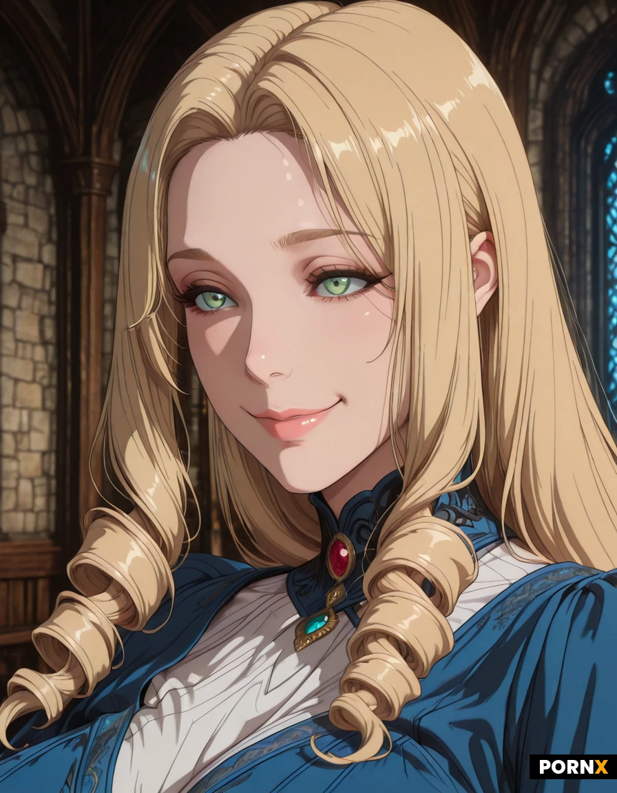 masterpiece, best_quality, highres, absurdres, portrait, looking_at_viewer, frontal, smiling, blue_princess_dress, medieval_clothing, ornate_background, royal_chamber, soft_lighting, rim_light, cinematic, depth_of_field, close_up, eye_level