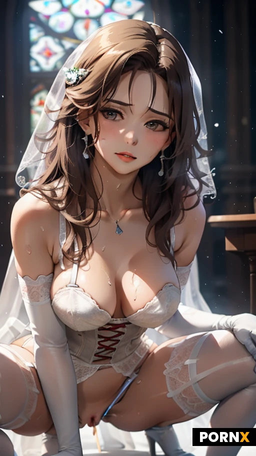 high definition, super realistic pretty bride, red hair, pretty face, curved body, bride hairstyle, look at viewer, bride veil, elegant necklace, elegant earring, red lip, small breast, white classic corset, white elbow gloves, (white garter Belt stocking, no thong :1.2), high heel, tired expression,thick thighs, sweaty body, sweaty breast, spread and raised up legs, few pussy hair, background, great church room, stained windows, elegant red carpet table, candles, detailed face, realistic texture of stocking and veil, close up view, low angle, dynamic angle