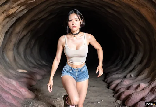 Cinematic photo of a girl running through a massive dark cave