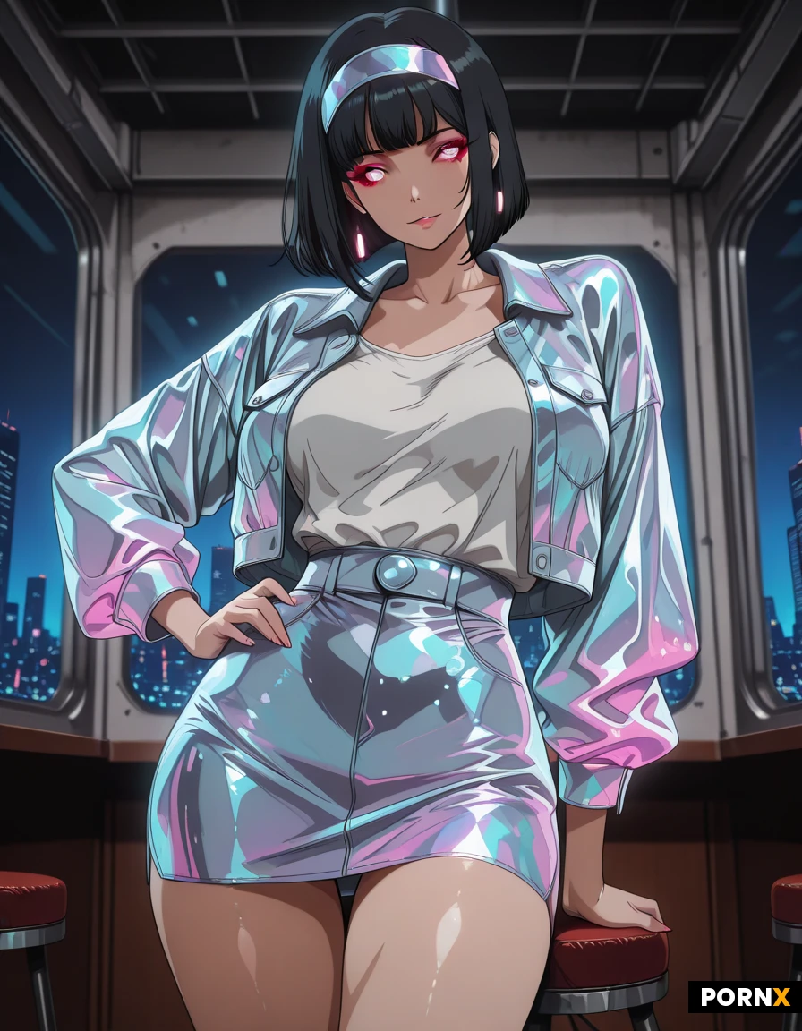 A stunning 20-year-old woman with sleek, glossy black hair cascading in soft waves, her flawless skin glowing under soft rim lighting, poses confidently across a four-panel mosaic, each panel depicting a distinct generational aesthetic: a 1920s flapper look with feathered headband and bobbed hair, a 1960s Mod vibe with a geometric mini dress and bold eye makeup, a 1990s grunge style featuring a ripped denim jacket over a graphic tee, and a futuristic cyber-punk ensemble with iridescent holographic fabric and neon accents; each pose is dynamic-hand on hip, leaning against a sleek chrome pole, seated on an ultra-modern stool, and mid-step on a runway-captured with shallow depth of field and soft, diffused backlight that highlights the contours of her body and facial expression, framed from a slightly low angle to emphasize empowerment; the setting transitions from an art-deco lounge to a pastel-colored boutique, an industrial loft, and a neon-lit cityscape, rendered in ultra-realistic photographic style with high-resolution detail and vibrant color grading.