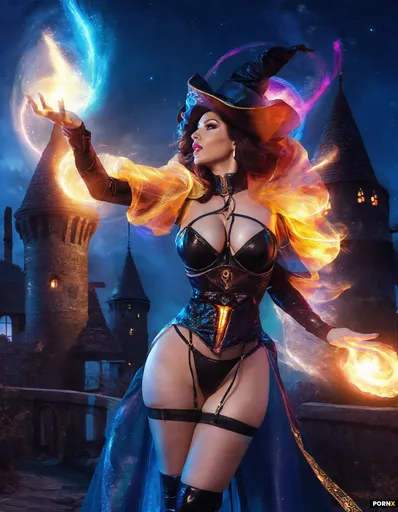 sorceress in sexy black lingerie casting magic on a tower in the night sky