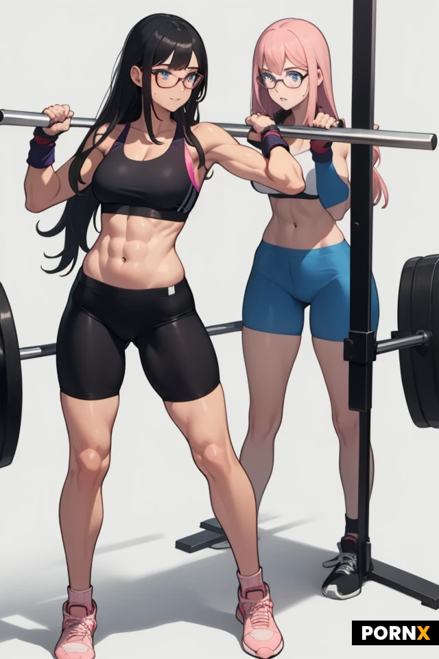female, height: 175 cm, age: early 20's, long hair, black hair, shiny hair, bangs, blue eyes, pink lips, eyeglasses, reddish-pink hairbow, broad shoulder, medium breasts, slim waistline, long legs, athletic, toned, fit, slightly muscular, slightly tanned, light pink sports bra, dark grey bike shorts, calf length socks, tennis shoes, fingerless gloves, weightlifting gloves, double biceps flexing, arms spread out, powerful posing, strong stance, determined face, slight smile, high-tech gym,