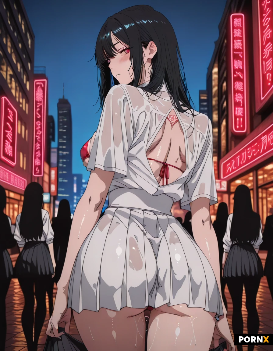 An adult woman in her mid-twenties with waist-long, glossy black hair and striking azure eyes stands in Times Square at night, the neon signage flooding the scene with multicolored, pulsating light that creates a soft rim around her silhouette. She is captured from a low, side-angle that emphasizes her back view, her body twisted in a subtle side pose that highlights the curve of her hips, a delicate tramp-stamp tattoo perched just above her lower back, and the surprising blush spreading across her flushed cheeks. She wears a tight, crisp white uniform blouse partially unbuttoned to reveal a bright red micro bikini underneath, while a short pleated skirt clings to her thighs, exposing toned legs and the curve of her buttocks. The candid shot uses a shallow depth of field, keeping the bustling, detailed cityscape and flickering neon signs softly blurred behind her, while the sharp focus on her skin and the gleam of her wet hair convey a high-resolution, masterpiece-level realism.