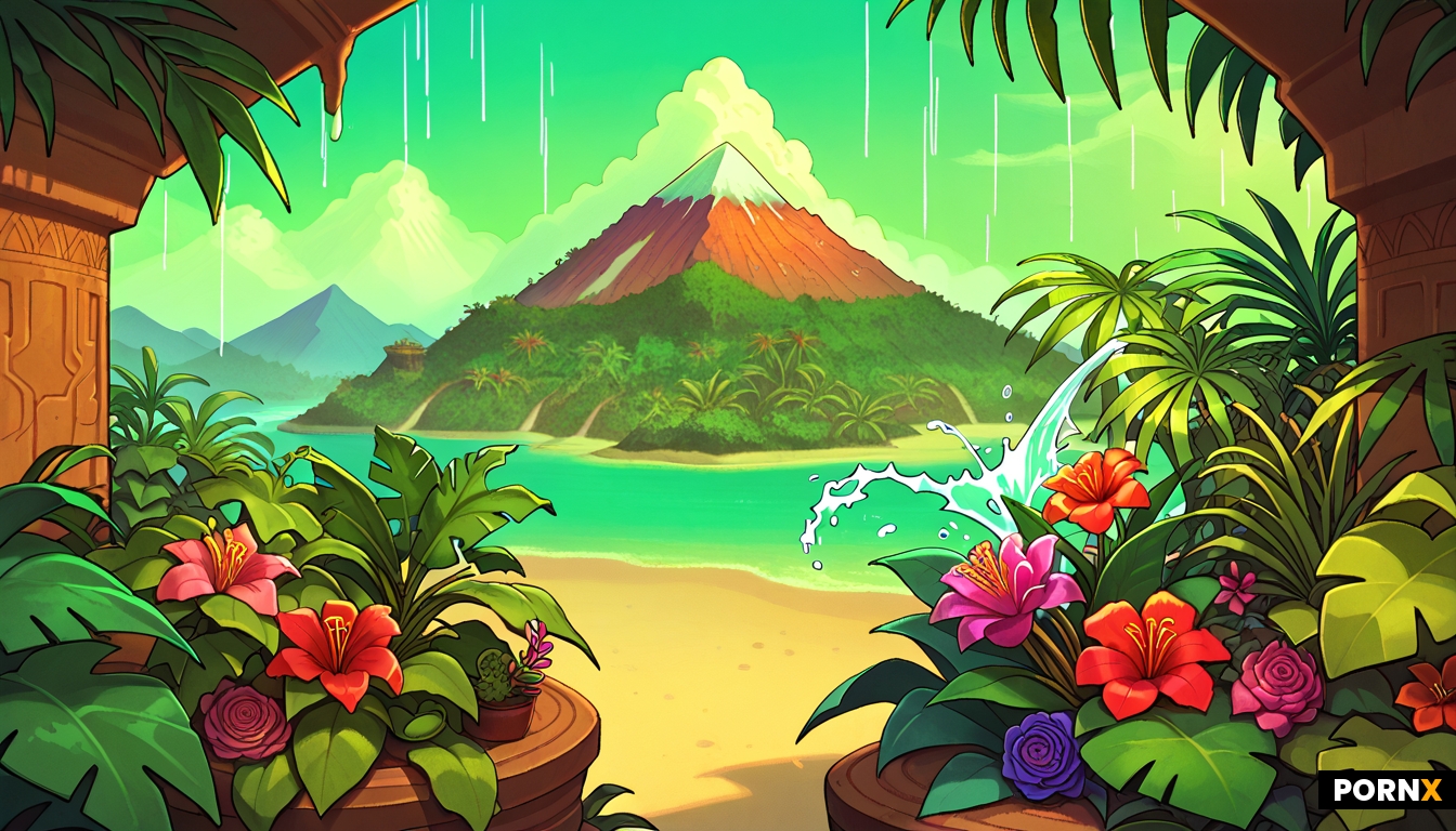 Rain falling on a tropical volcanic island