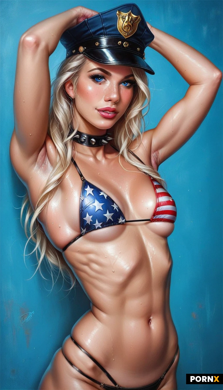 One female bikini model. 20s.
Platinum blonde hair,straight thin platinum blonde hair,blue eyes,wide hips,,Dynamic angle,,,pale skin,,looking at viewer,makeup,Extremely high quality,Photorealism,(Realistic),8k
Mid drift.
Wearing American flag bikinis.
Looking at me. Making eye contact.
3/4 body view. Front view.
3/4 body view. Front view.
Wearing police leather jacket.
Police cap.
Patriotic.
Patriotic rave wall graffiti.
Realistic details in skin,clothing,and object textures.
Vivid facial expressions and postures.
Realistic details in skin,clothing,and object textures.
Extremely high quality,Photorealism,(Realistic),8k Resolution.
A stunning 32k UHD image with intricate background details and sharp,high-quality focus. Flawless faces with large,expressive eyes,a well-proportioned nose,and full,symmetrical lips framed by long eyelashes. Ultra-realistic textures,cinematic lighting,and lifelike proportions captured with professional precision. score_9_up,score_8_up,score_7_up. Extremely high quality image. Emphasize shadows. Cinematic. Photorealism.
Sweaty.
Platinum Blonde hair.
Looking at me. Making eye contact.
American flag. Big American flag. Huge American flag.
Front pose.
Small breasts.
Thin core.
Tiny waist.
Tiny waist.
Tight abs.
Flat belly.
Spiked Choker.