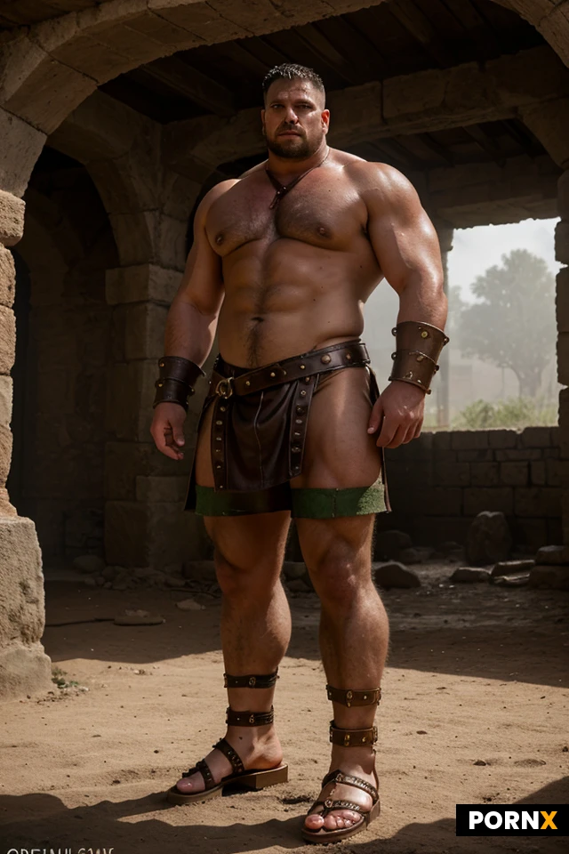 Prompt: A photorealistic full-body cinematic shot of a massive, 7-foot-4 gladiator ogre with rough green skin, heavy scars, and a towering, immensely muscular physique. He is wearing a rugged dark leather loincloth, thick-studded leather gauntlets on his forearms, and traditional gladiator sandals with heavy leather straps lacing up his massive calves. Standing in the center of a sunlit, dusty stone arena, looking menacing and powerful. Raw cinematic lighting, detailed skin texture, hyper-detailed, 8k resolution.