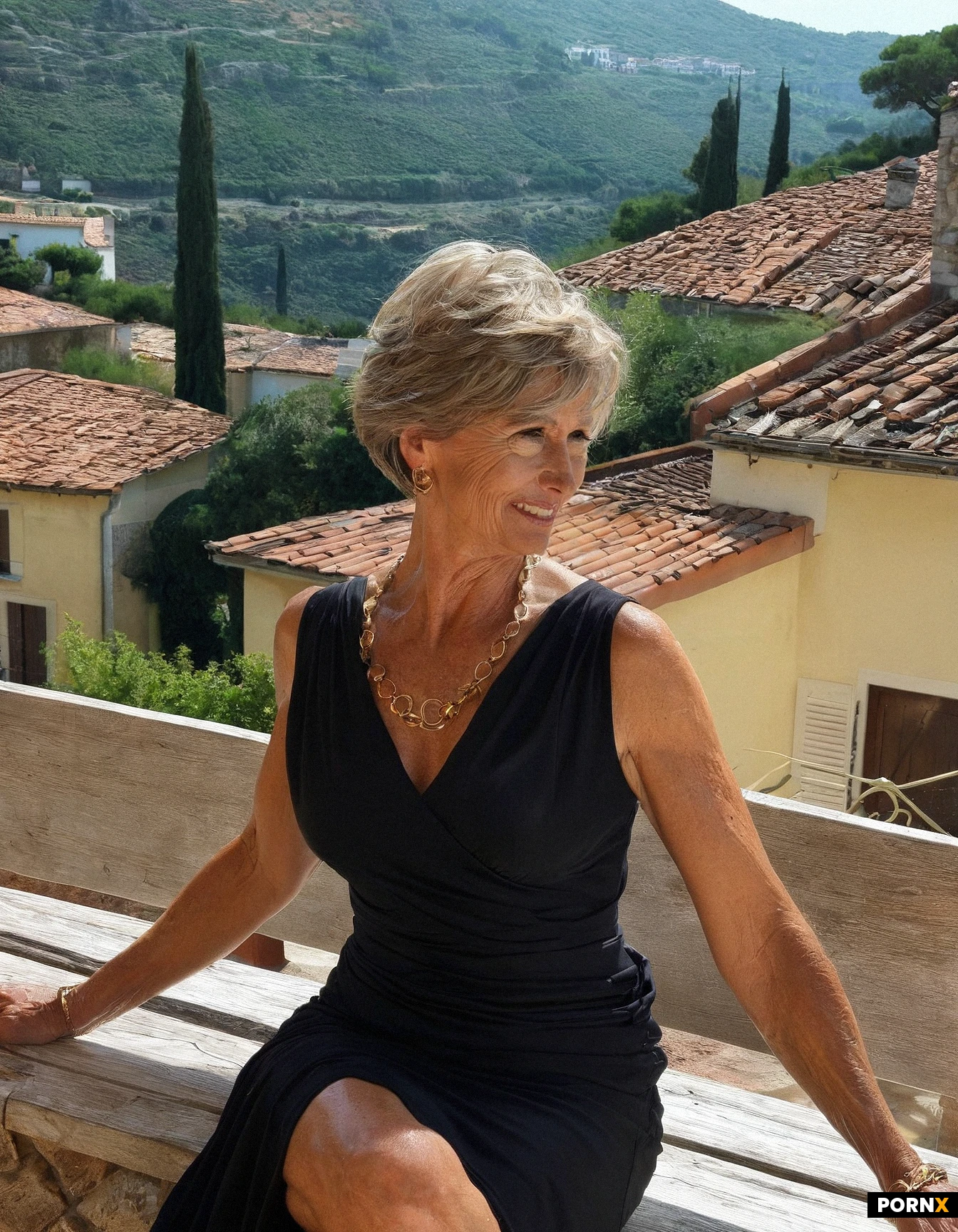 Absurdres, close_view_ᓯᓚᒥᐅᑕᐅᑉ ᐊᑖᓂ, woman, bashful, 50_years_old, pretty, french, sit_on_outdoor_bench_seating, greets_me, jewelry, dress, Aubade_panties, outdoor, , villa, South-France,
