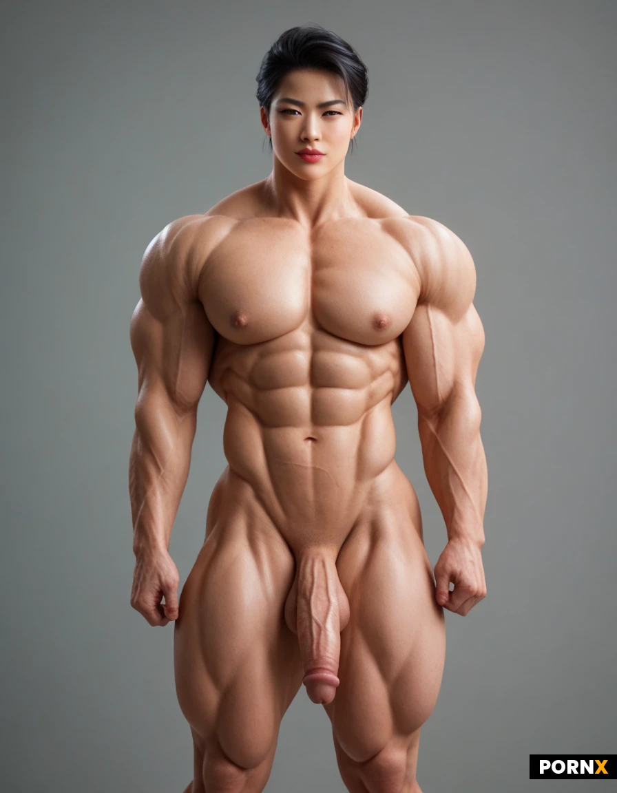Asian anime. Femboy Twink. Big beefy exaggerated muscle. Naked small cock. Bulk physique. Genderfluid. Large thick. Extreme buff. Big shoulders. Maximum steroid usage