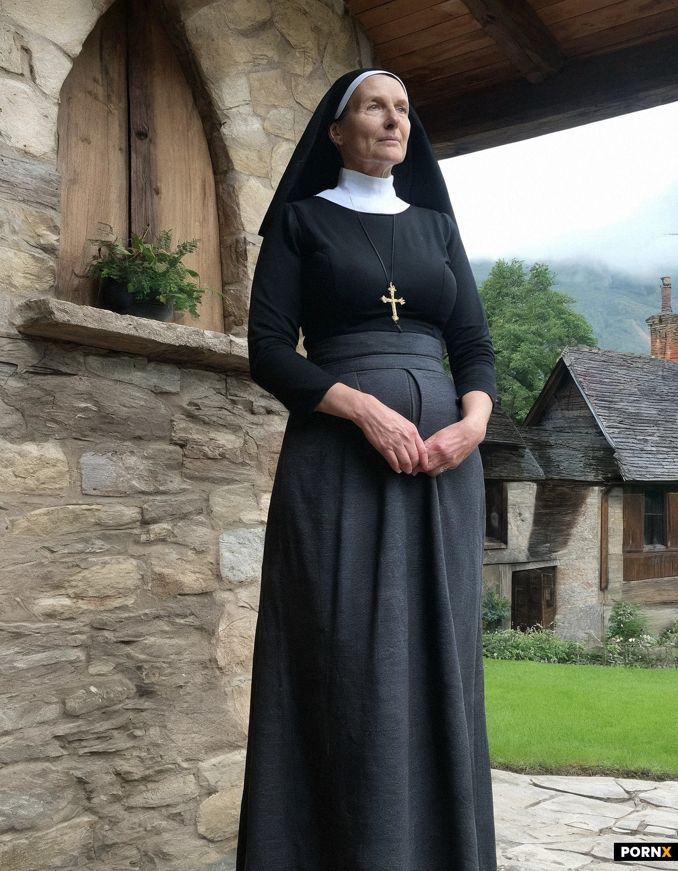 No_absurdres, portrait of a 50-year-old Catholic nun, serene yet thoughtful expression. She is wearing a traditional black habit with the hem pulled up and a crisp white wimple that frames her face. Shyly showing her hairy pussy and her hairy crotch. Her skin is pale like she hasn't see the sun. She's a bit plumpish and muscular. Soft natural light coming from a stained-glass window, creating gentle shadows.