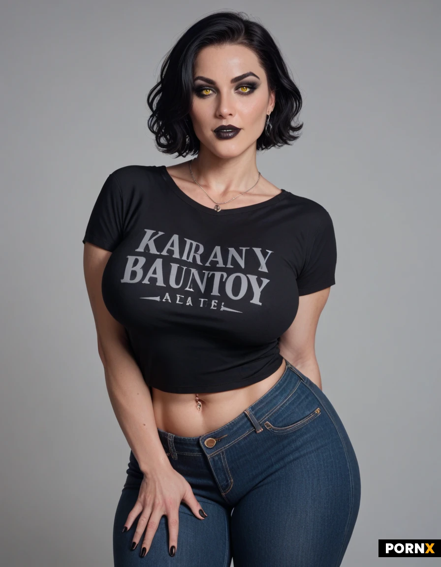1 girl, 19 years old, voluptuous bodyshape, nerdy, goth, thick black eyeliner, black matte lipstick, demon deep yellow eyes, wavy short hair, jet-black hair, perky boobs, big luscious hips, extremely round thick big hips, lecture studbackground, black band t-shirt, blue denim jeans, smiles heartily