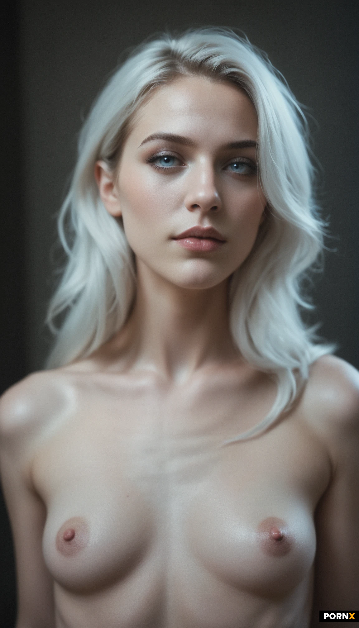 beautiful woman, white hair, blue eyes, gorgeous face, makeup, skinny, naked, portrait, photorealistic, <lora:64:0.9>, medium breast, small nipple, small areola,