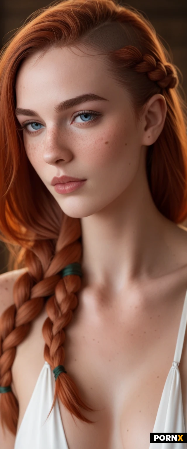Woman, 21 years old, Tall Irish redhead, Irish face complexion, delicate traits, fair skin, (freckled:1.4),realistic skin,large pale blue eyes, beautiful eyes, thin eyebrows, thin lips, softly defined cheekbones, long central braid,shaved head sides, slim, athletic, thin waist, (small very rounded breasts:1.3), perfect breasts, small ass, thin waist,taut waist, thin thighs, thigh gap, long sexy legs,demanding gaze,in a sauna, (oiled skin:1.4), sweaty, soft lighting, (missionary sex:1.2),on her back, pov, from dynamic angle,close up,above angle,detailed skin, arched back, moaning, looking passionately at camera,