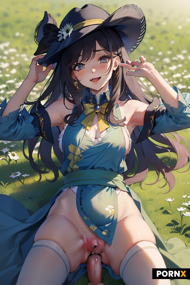 high definition, super realistic, pretty cute woman, 20s, cute face, blue long hair, bright yellow and white gingham print with a modest bellshape dress, trimmed with delicate eyelet lace and featuring a small white apron tied at the waist. wide-brimmed straw boater hat decorated with fresh daisies and a green silk ribbon, big breast, smile sweetly, (cowgirl style on a mans penis, vaginal penetration :1.3), background countryside, vibrant field of bloominglily flower and rose, vibrant colors, clear skin texture, detailed embroidery, idyllic and joyful atmosphere, detailed face, detailed eye. dynamic angle