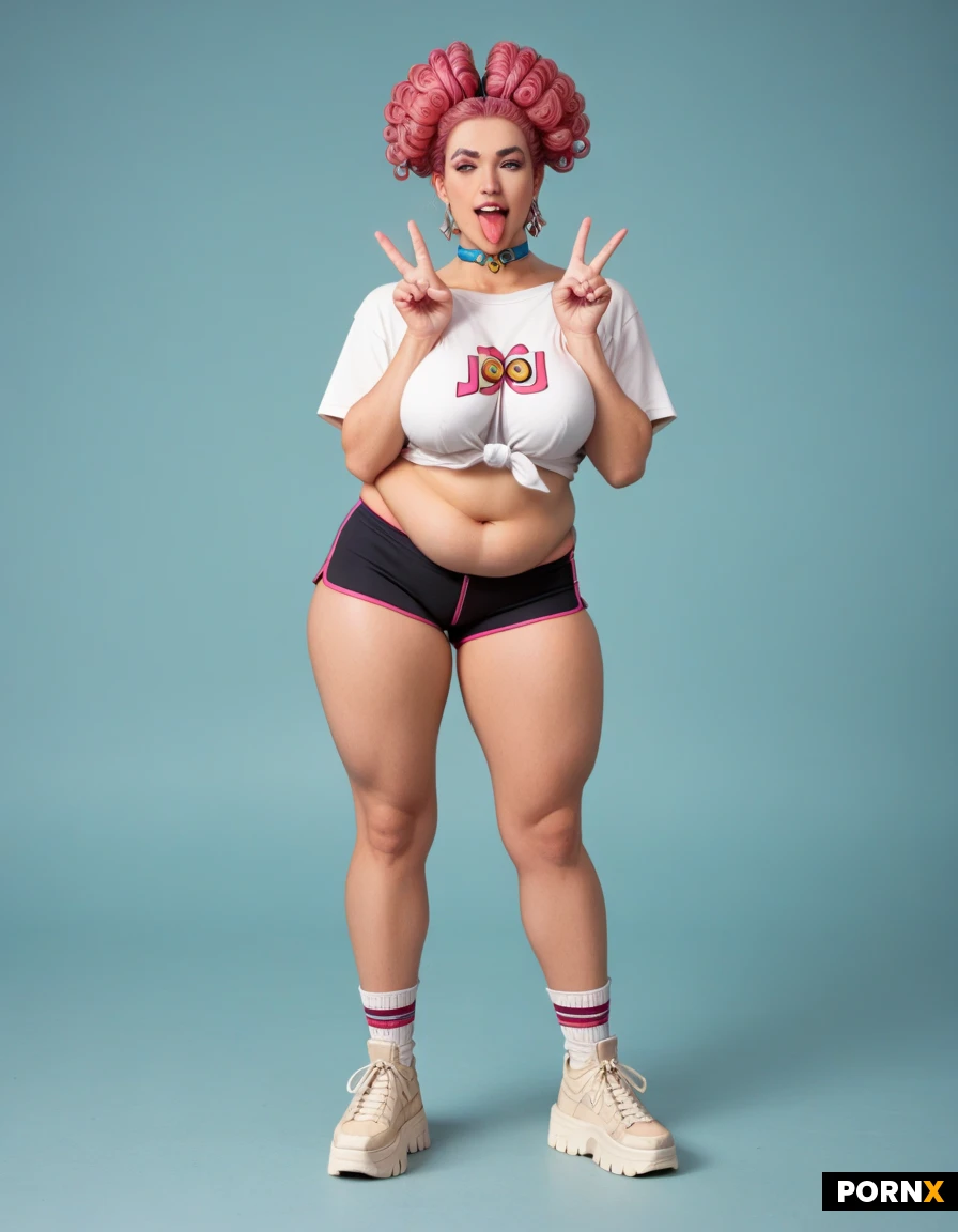 A plus sized K-pop star. KOREAN. Chubby. JoJo's wardrobe reads as deliberate provocation against modesty through the language of cartoon rebellion—oversized graphic sweatshirts cropped to expose her soft underbelly, spandex shorts that disappear between her substantial thighs, knee socks that squeeze her calves and highlight their heft. Neon pink curls piled impossibly high, chokers designed to squeeze just slightly, platform sneakers that force her hips to sway with every step. Colors clash aggressively: vivid yellow against electric purple, rainbow stripes cutting across pale flesh. Every piece is two sizes too small or three sizes too large, never fitting properly by design. She's sticking out her tongue and doing a peace symbol, manic. you can see at least some of her tits and ass or pussy, shes jumping in the air