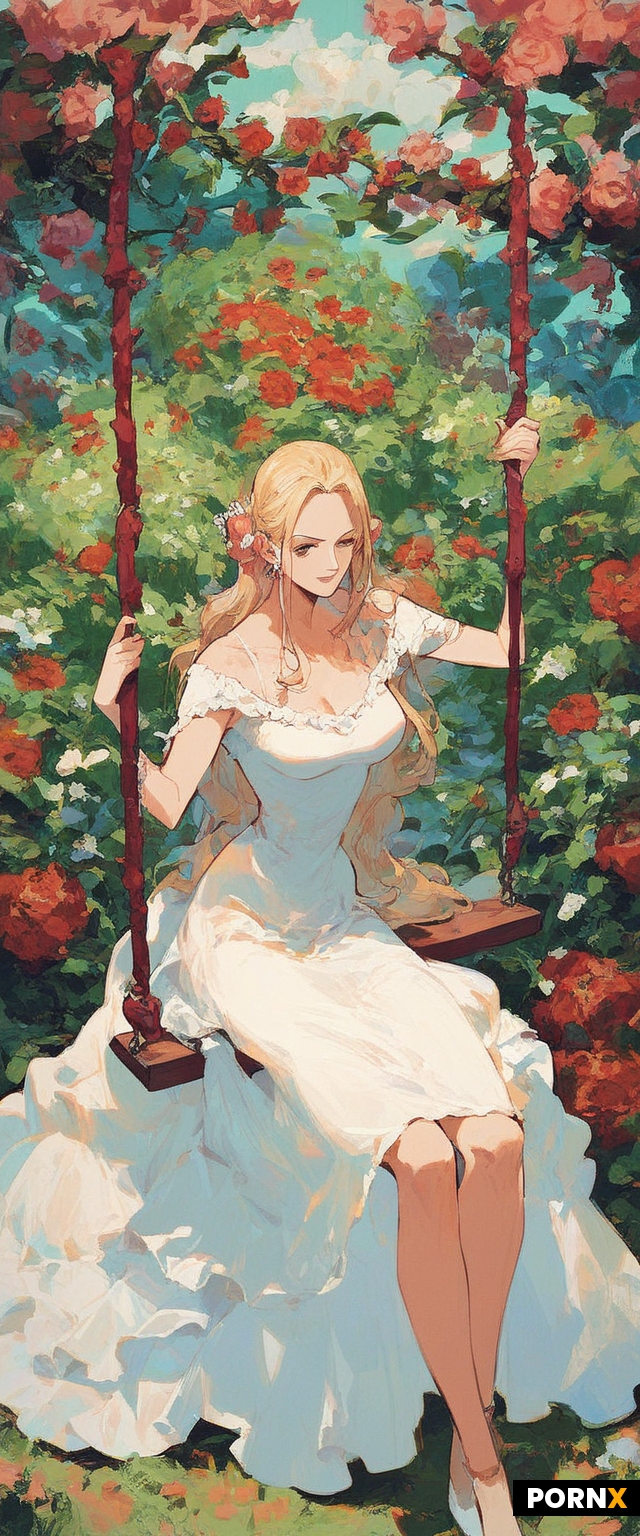 One piece anime style woman sitting on swing in a garden