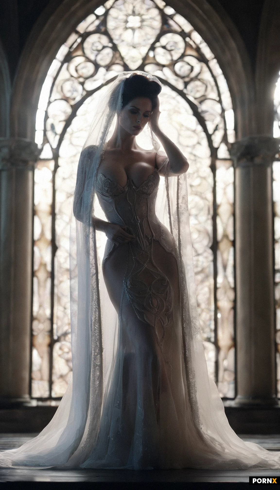 A voluptuous adult woman with freckles and a soft smile walks forward in a massive cathedral that fuses grimdark gothic arches with swirling art-nouveau motifs, a sheer veil and a delicate satin bow framing her face as dramatic rim lighting highlights her exposed midriff, lace-trimmed wedding dress that clings to her gigantic breasts and accentuates a pronounced camel-toe, and glittering body-jewelry draped over her shoulders and hips. She is caught in a dynamic front-side view, a shallow-depth-of-field close-up that captures the moment she begins to undress, slipping the remaining fabric from her thighs while a nude male kneels before her, his erect shaft pressed to her slick lips as she takes him deep in a passionate blowjob, her hand guiding his head.. The scene is rendered in ultra-high-detail photorealistic style, with a polished art-nouveau illustration quality that emphasizes every curve, texture, and gleam of jewelry, making the composition a masterpiece of erotic realism.