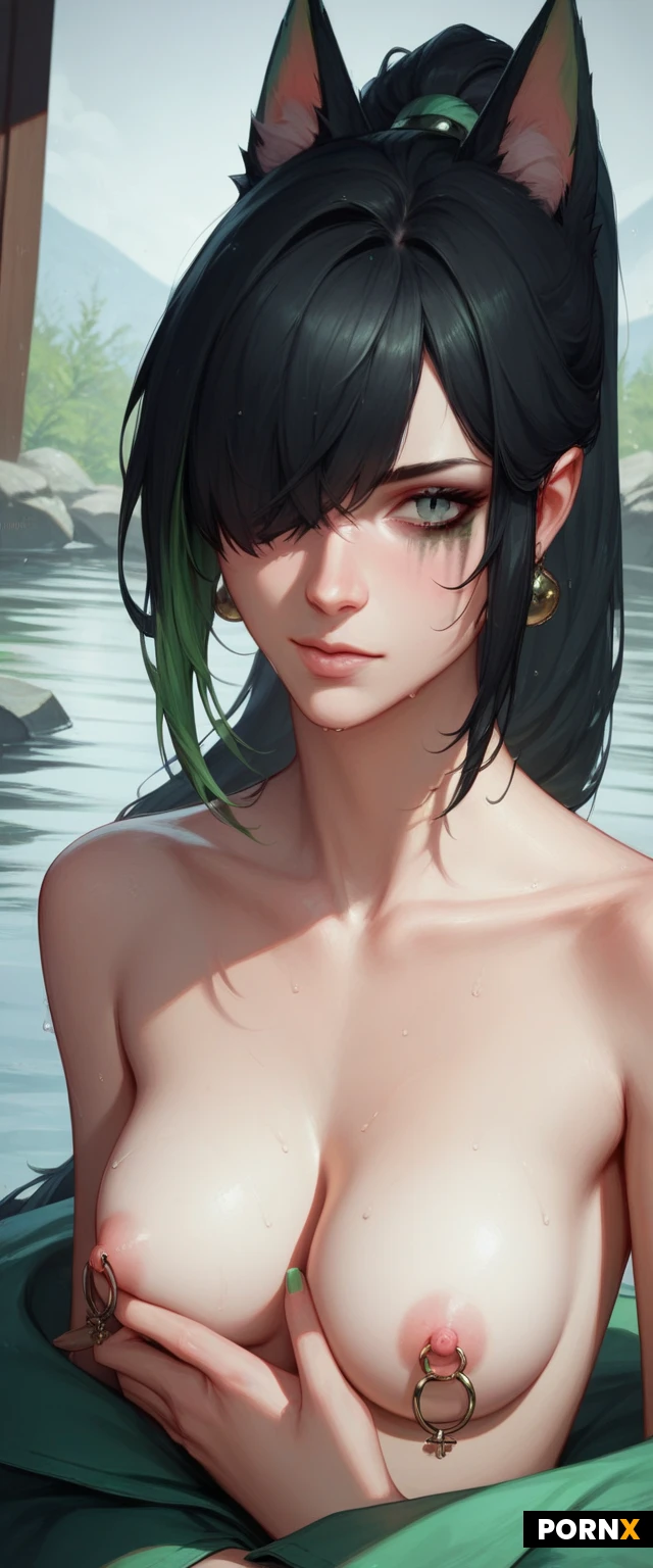 score_9,score_8_up,score_7_up,
((german,charcoal bangs,black hair with green highlights,ponytail)),jade eyes,one eye covered
,Female,cute,(horny),((pale ceramic skin:1.2)),highly detailed face,highly detailed eyes,smeared mascara,highly detailed nipple,curious,good view,incredibly detailed,professional colorgraded,advanced shadows,meticulously created,perfect masterpiece,alone,black background,close,dutch angle,((asymetric))dappled light,realistic texture,advanced physiks,((beautiful hair)),black flower,sweaty cleavage,slit top,((sweaty natural sloped breasts)),wide hips,pretty puffy pink nipple,((squishy breast)),sweet nipple,raining,((close angle)),close face,spread up,pull aside,leaning,twitching,wet,((highly detailed areolas)),hair ornaments,long earrings,porcelain like skin,twitching,incense,tattoo,flirting gaze,((silent orgasm)),shadows,tattoo,scars,scratches,((in onsen)),moon,water reflections,lanterns,rinsing hair,((beautiful trim pubic hair)),shadow,visible breath,enjoying wellness,nipple rings,((fox ears)),((fox tail)),relaxed,