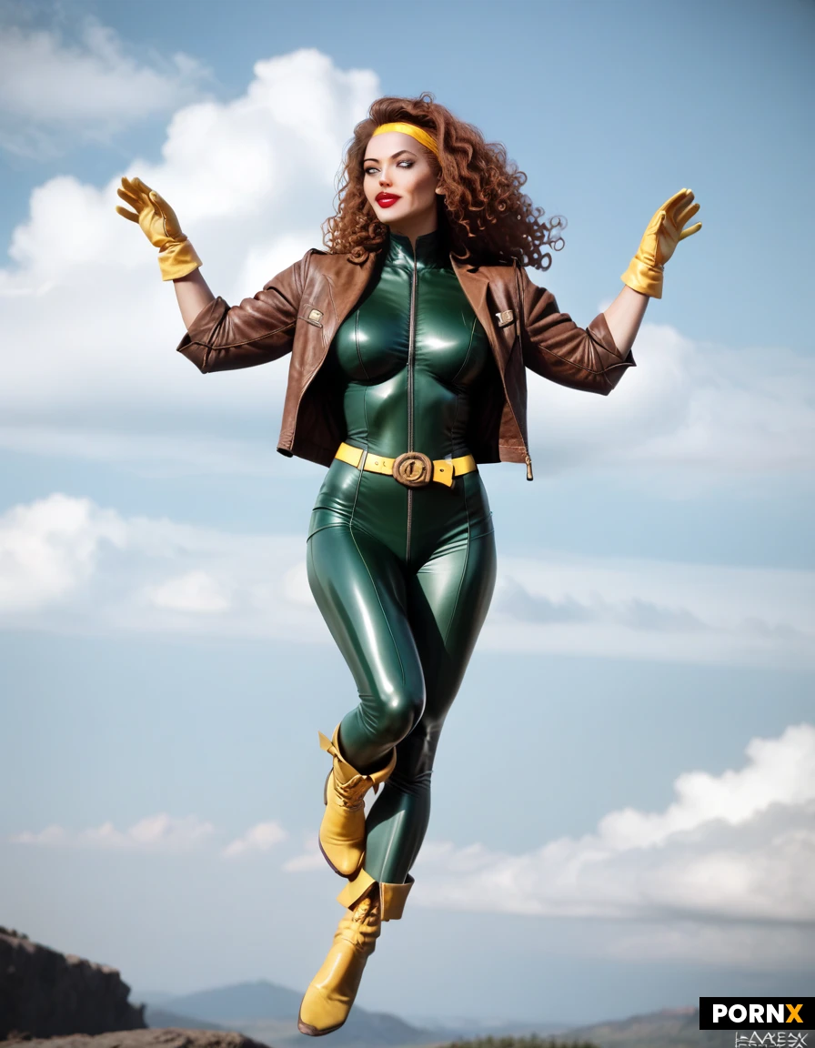 Redhead Irish woman. Fair skin. Red lipstick. Yellow gloves. Green and yellow latex body suit. Brown leather jacket with rolled up sleeves. Long yellow boots to her knees. Long curly hair. Flying in the air. Comic book hero. Super hero. Yellow headband around her forehead. Fluffy hair. Beauty. Stunning confidence. Sci fi. Super hero pose. Flying in the air. Loose Yellow belt. "X" belt buckle. 8k resolution. Glamor photo. Pinup bombshell beauty.