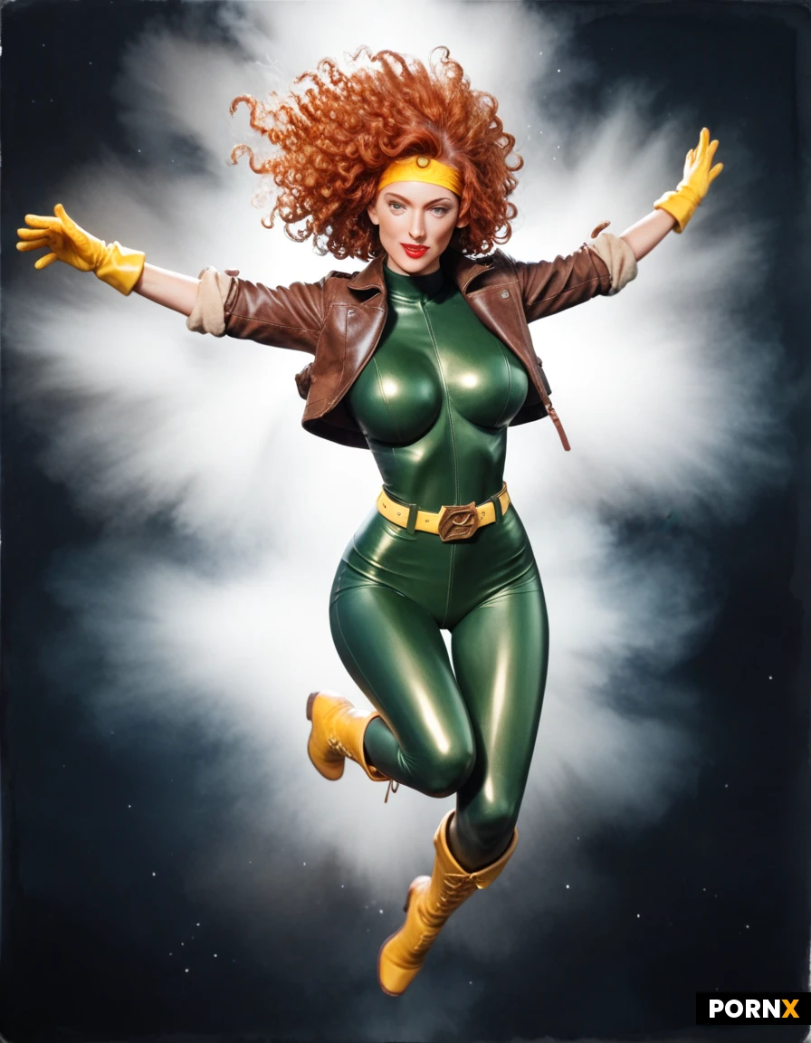 Redhead Irish woman. Fair skin. Red lipstick. Yellow gloves. Green and yellow latex body suit. Brown leather jacket with rolled up sleeves. Long yellow boots to her knees. Long curly hair. Flying in the air. Comic book hero. Super hero. Yellow headband around her forehead. Fluffy hair. Beauty. Stunning confidence. Sci fi. Super hero pose. Flying in the air. Yellow belt. "X" belt buckle. 8k resolution. Glamor photo. Strong. Fit. Busty. Tease. Glamor shot. Brown leather jacket with the sleeves rolled up. Thin. Skinny waist. Gorgeous.