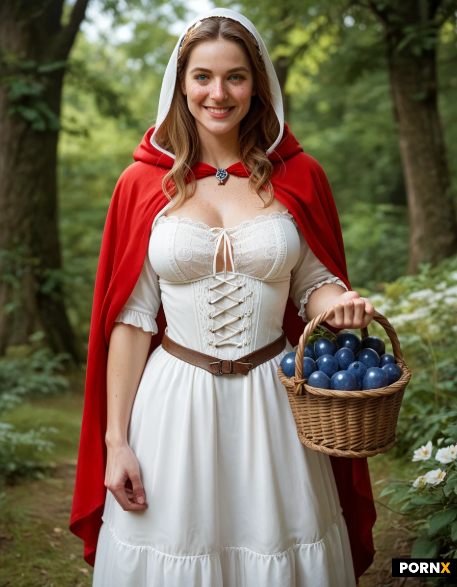 woman, 20 years old, European, (detailed face, cute face, babe face), small sharp nose, pale skin, freckles, long blond straight hair, blue eyes, looking at the viewer, warm friendly smile, medium breast, wearing a white medieval blouse, a blue medieval bodice, a white medieval skirt and a red hooded cloak, holding an empty wicker basket by both her hands, standing in a forest, bright summer day; a man in the background, half hidden by a tree, muscular, with a big erected penis, wearing a wolf mask