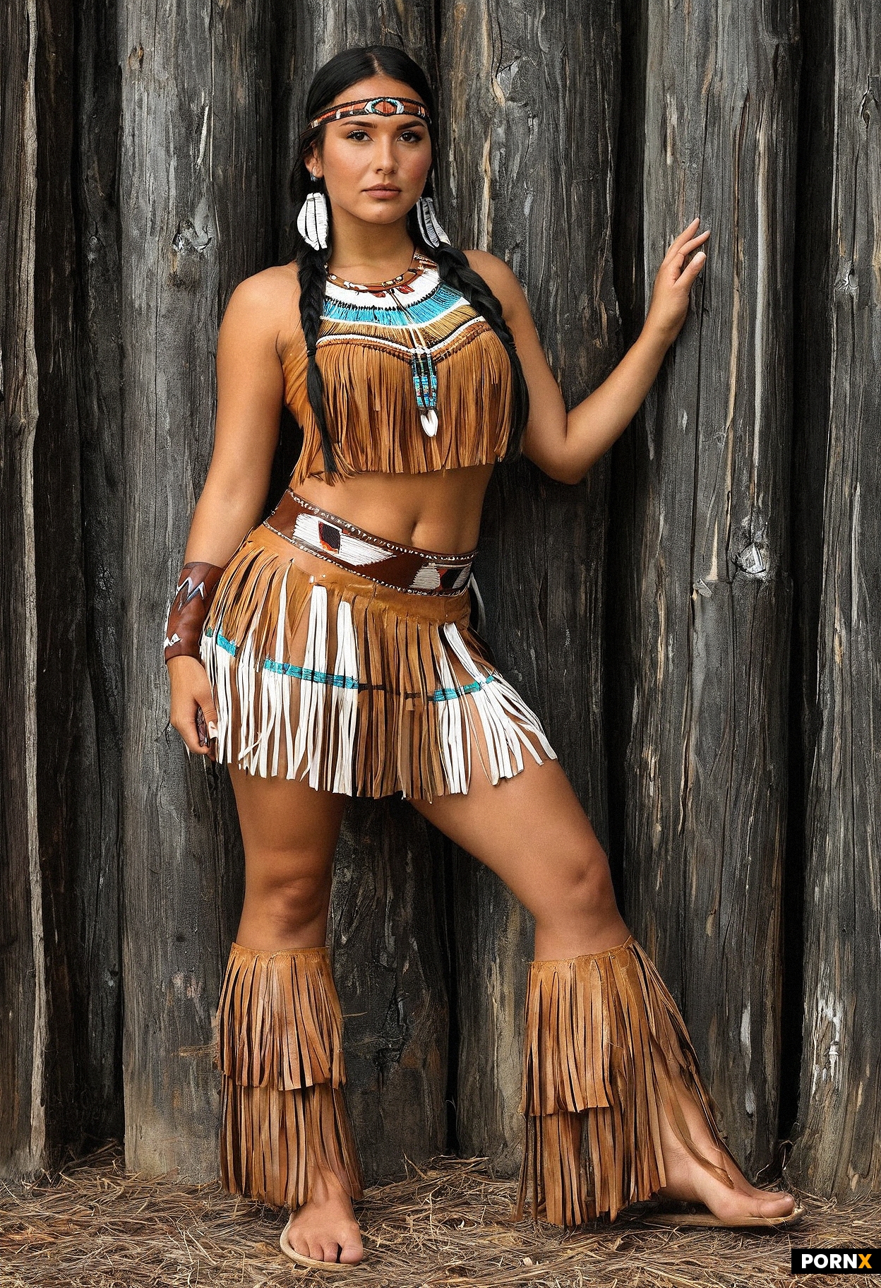 A beautiful brunette woman is wearing a sexy Native American tan leather costume with fringes