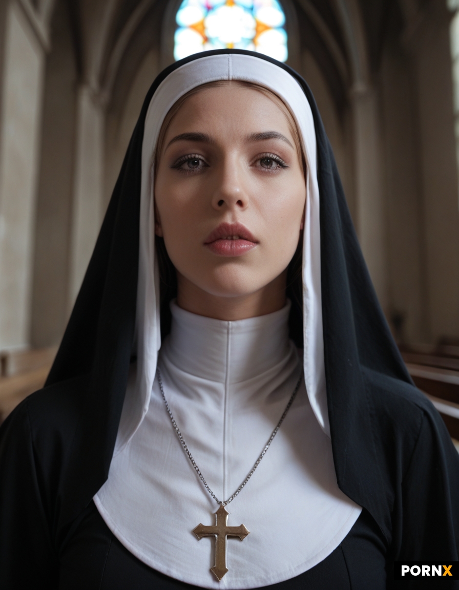 A nun with a terrified expression kneeling in a church
